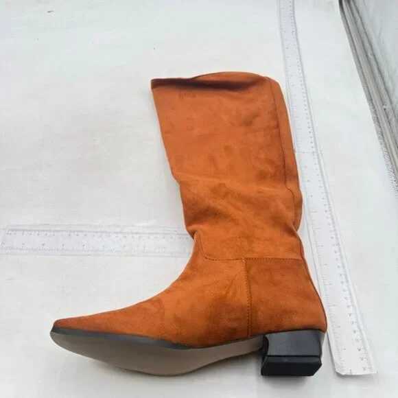 Women Square Toe Knee High Boot Wide Calf Low Chunky Heel Flat Long Boot Orange - Picture 2 of 7